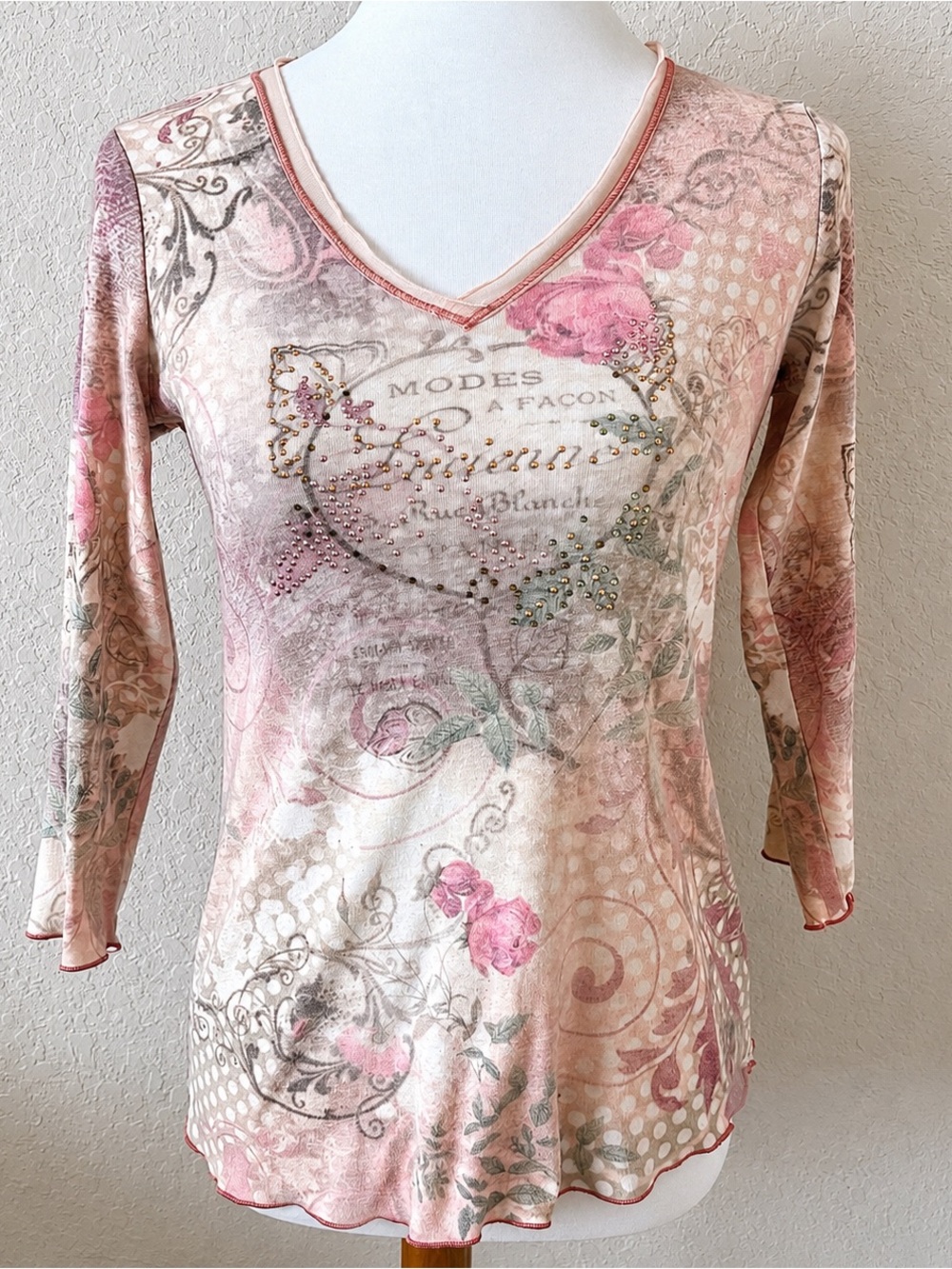 One World Vintage Fairycore Grunge 3/4 Sleeve Top Y2K Whimsy Goth Coquette M